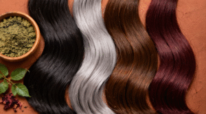 Black, grey, brown and burgundy hair showing different herbal hair dye results