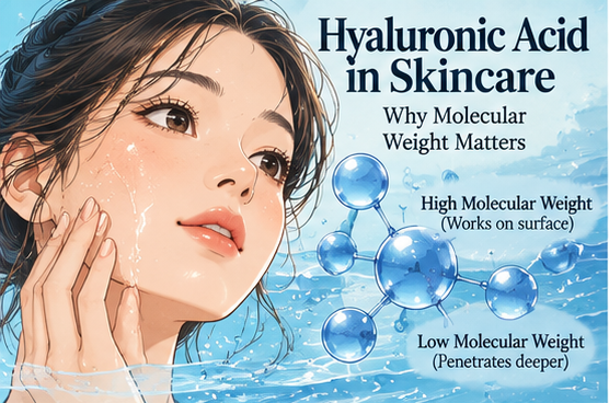 Hyaluronic acid in skincare showing different molecular weights and hydration levels