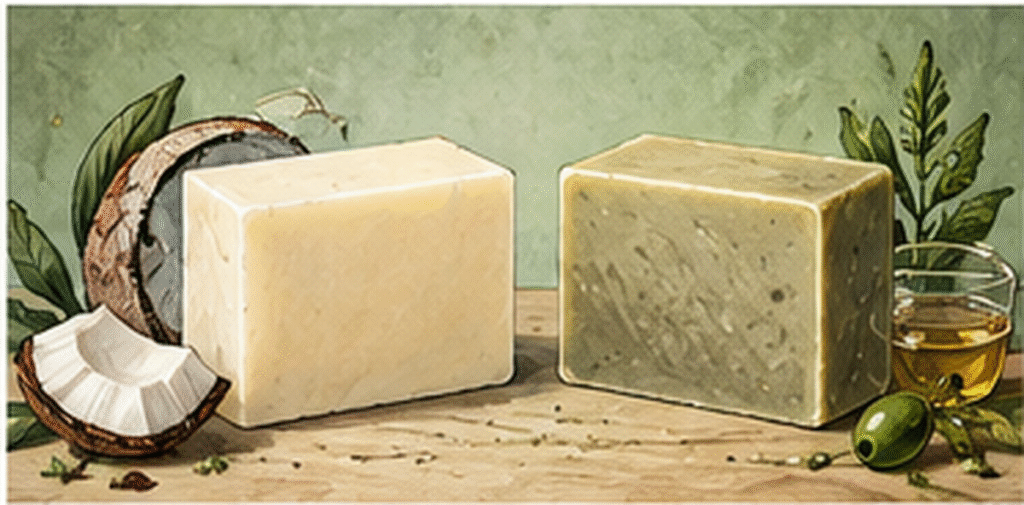 Hard and soft cold process soap bars with oils