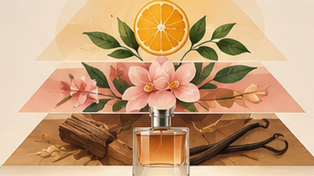 Top, middle and base notes in perfume illustrated as three fragrance layers