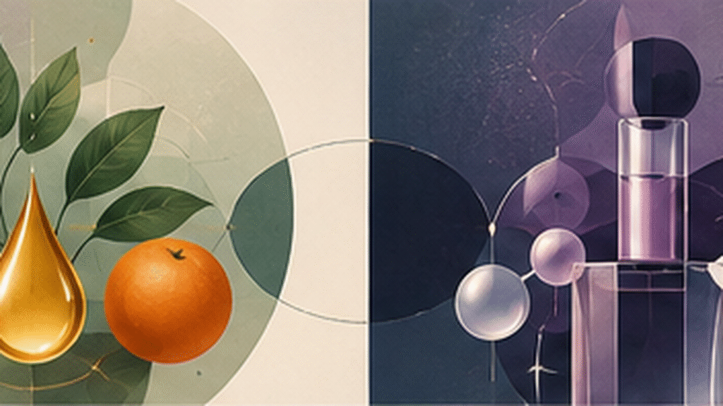 Essential oils vs fragrance oils in perfume illustrated with botanical and geometric fragrance elements