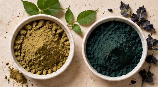 Henna and indigo powders used for two-step natural hair colouring