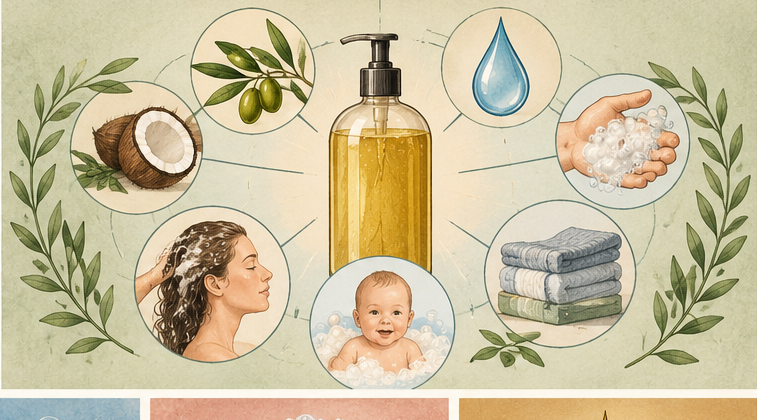Liquid Castile soap learning hub with oils, soap bottles and lather