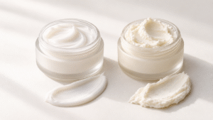 Body yogurt vs body butter showing light and rich moisturizer textures