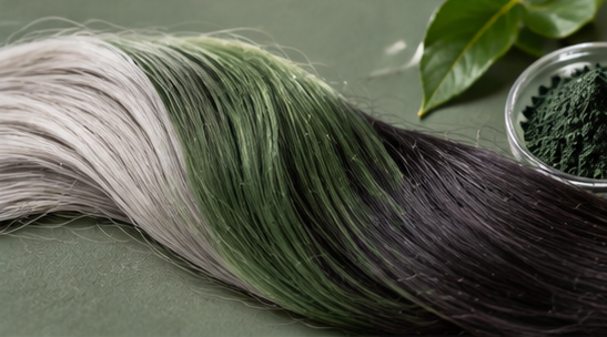 Grey hair showing a greenish appearance after applying indigo hair colour