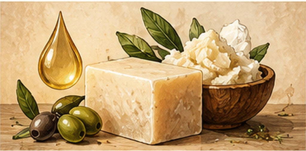 Oil and handmade soap illustrating superfat in cold process soap