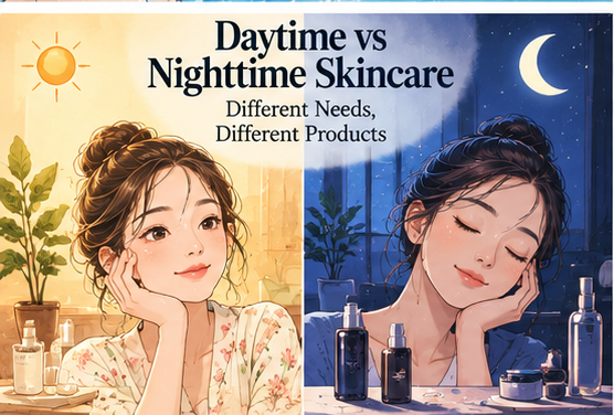 Daytime and nighttime Korean skincare routines shown side by side
