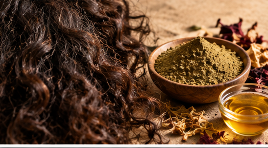 Dry curly hair with herbal hair colour powder and hair oil
