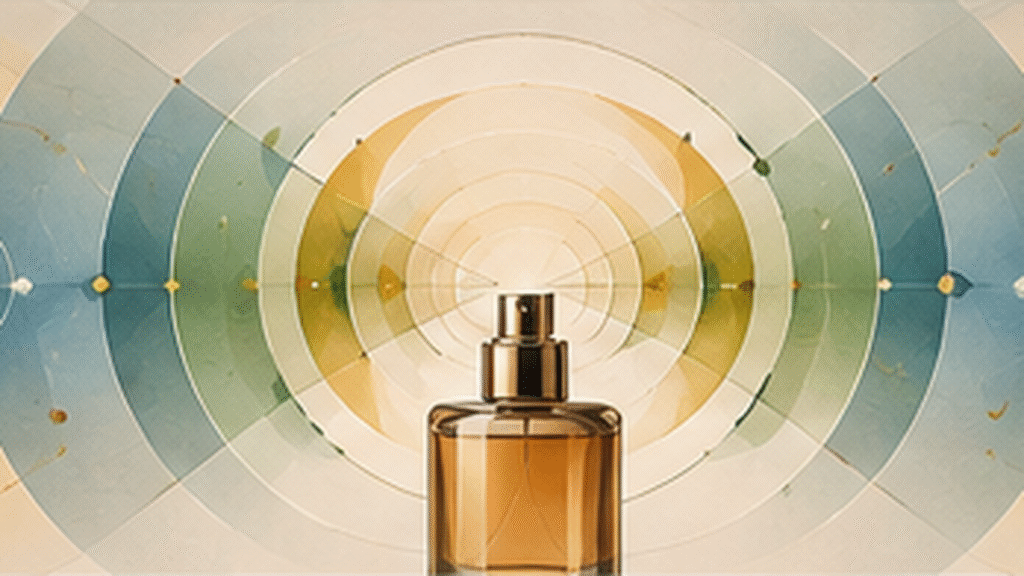 Fragrance throw illustrated as geometric scent waves radiating outward from perfume
