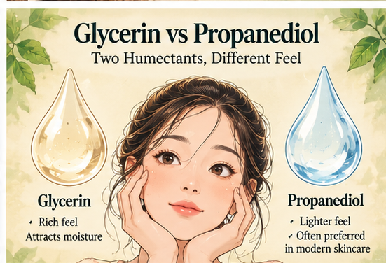 Glycerin vs propanediol in skincare showing their different skin feel