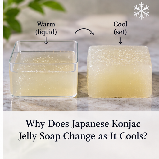 Japanese konjac jelly soap changing from a warm liquid mixture to a cooled set jelly