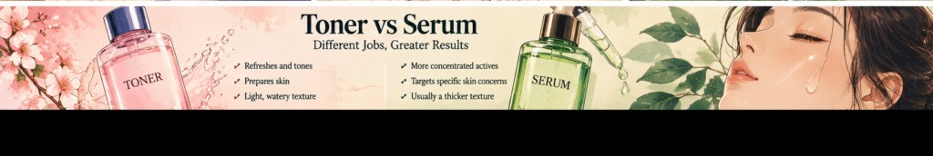 Toner vs serum in Korean skincare showing the difference between the two product types