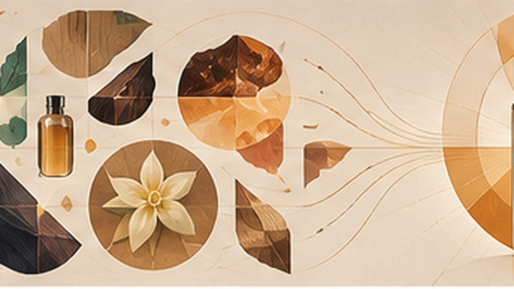 Perfume development illustrated as multiple geometric fragrance ideas converging into a finished perfume