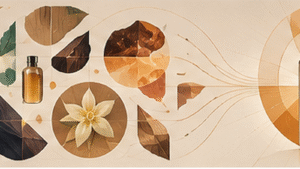 Perfume development illustrated as multiple geometric fragrance ideas converging into a finished perfume