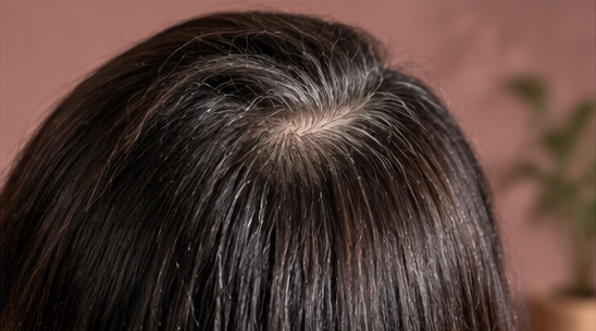 Grey roots growing beneath permanently coloured hair