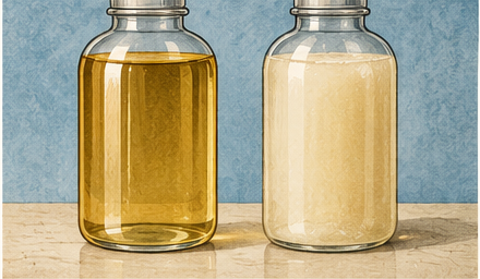 Clear and cloudy liquid Castile soap compared side by side