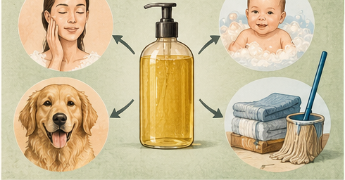 Liquid Castile soap uses for skin, babies, pets and household cleaning