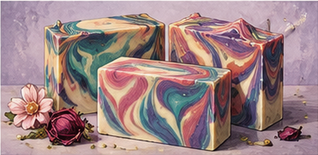 Artistic cold process soap design with colours, gradients and botanical details