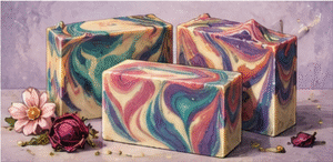 Artistic cold process soap design with colours, gradients and botanical details