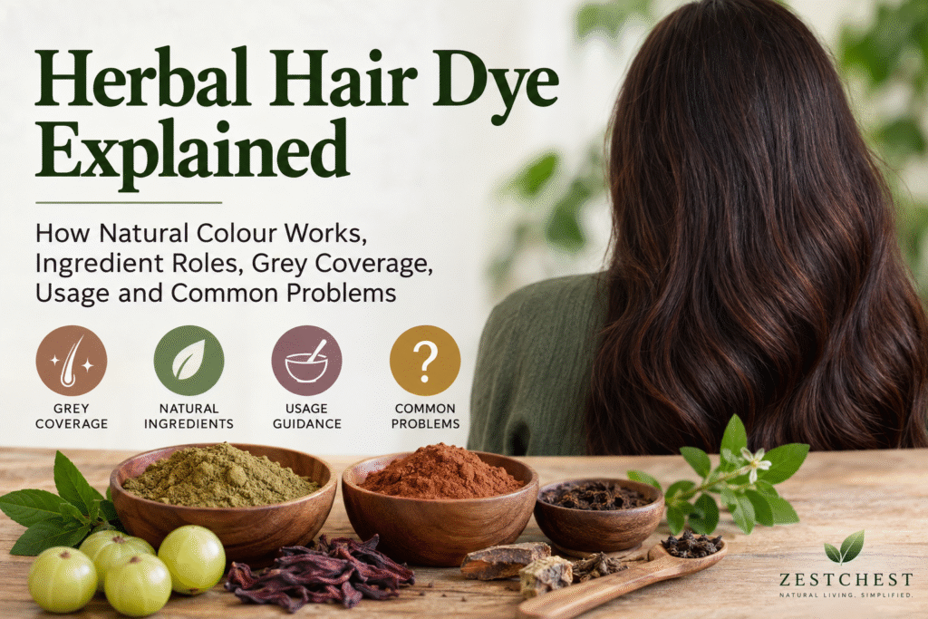 Herbal hair dye with natural hair colouring ingredients and dark coloured hair