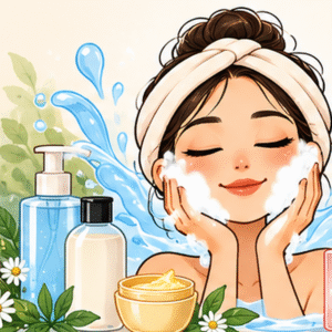 Illustration showing different types of facial cleansers including face wash, micellar water, cleansing oil, cleansing milk, cleansing balm and herbal powder cleanser