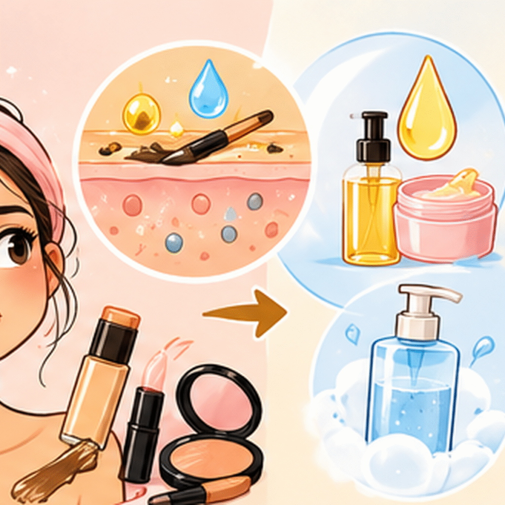 Illustration showing how micellar water is used for light facial cleansing