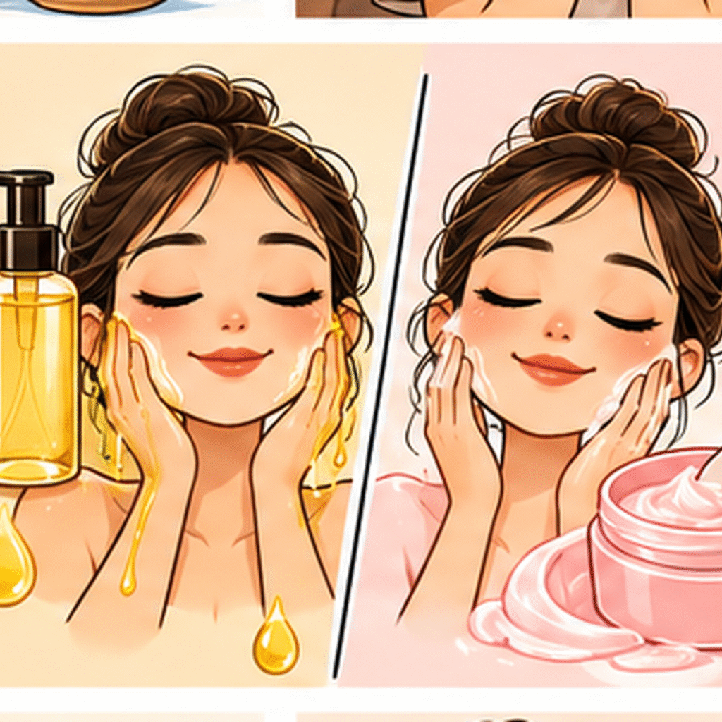 Illustration comparing cleansing oil and cleansing balm for facial cleansing
