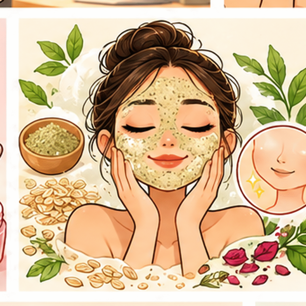 Illustration of a herbal powder facial cleanser with herbs, clays and optional foam