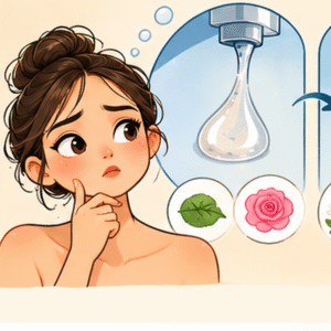 Illustration showing face wash becoming thinner after adding a botanical extract