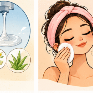 Illustration showing how cleansing oil, balm, cleansing milk and micellar water are wiped off the face