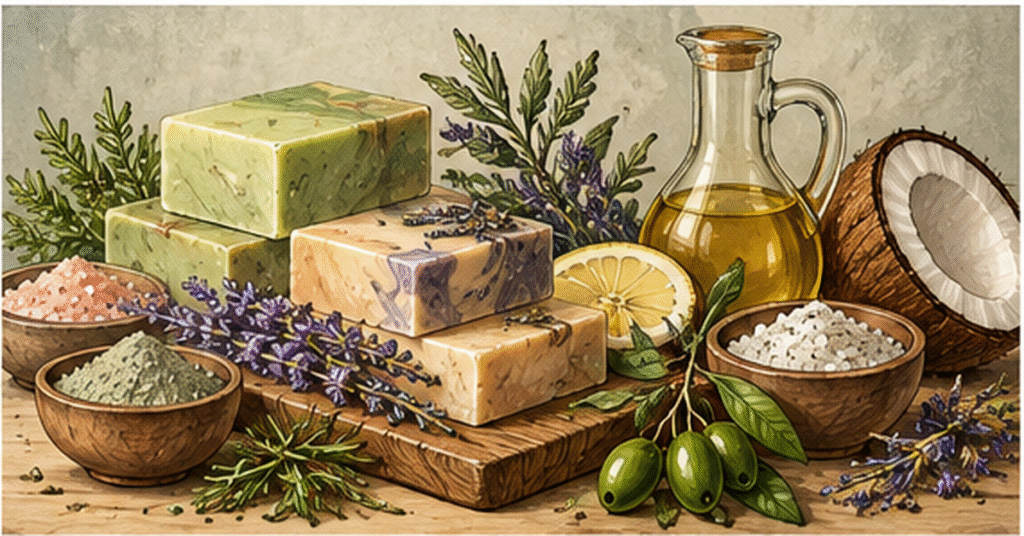 Handmade cold process soap with oils, butters and botanical ingredients