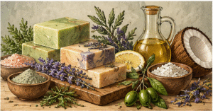 Handmade cold process soap with oils, butters and botanical ingredients