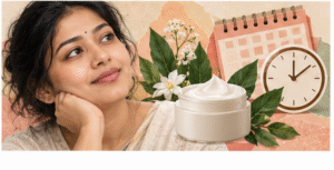 Woman using a treatment cream over time illustrating that visible skin changes require consistent use