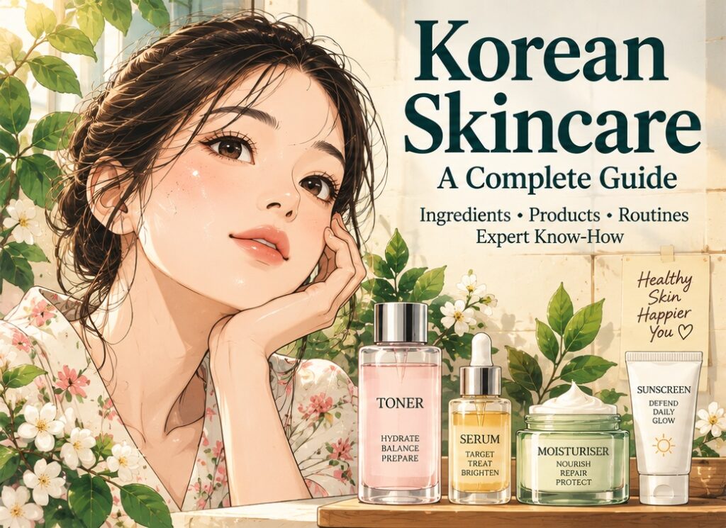 Korean skincare products including toner, serum, cream and face mask