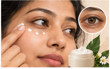 Woman applying under-eye cream illustrating the difference between eye-area treatment and face moisturiser