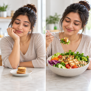 Comparison of a small calorie-dense snack and a larger filling healthy meal