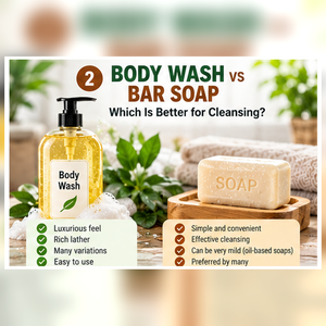 Body wash and bar soap shown side by side for cleansing comparison