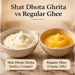 Shat Dhota Ghrita and regular ghee shown side by side to compare texture and creaminess