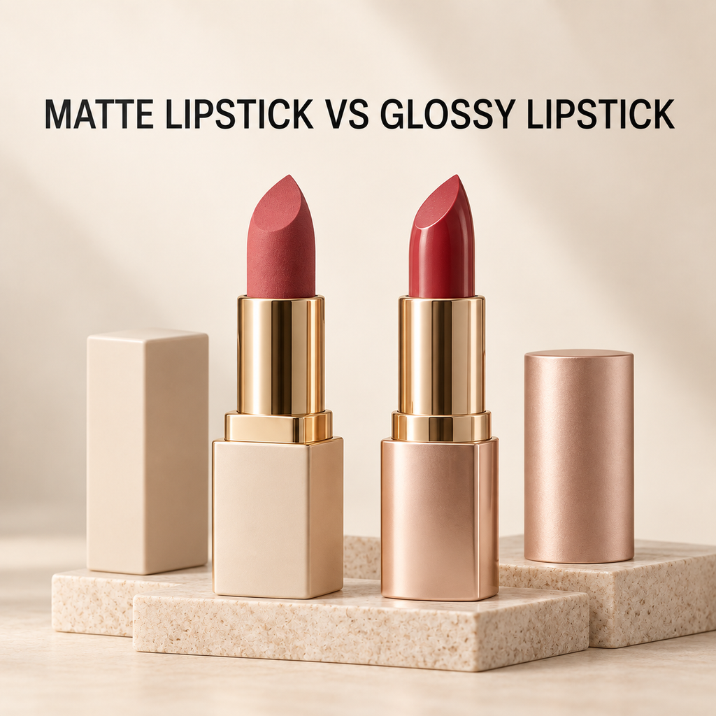 Matte lipstick and glossy lipstick shown side by side for comparison