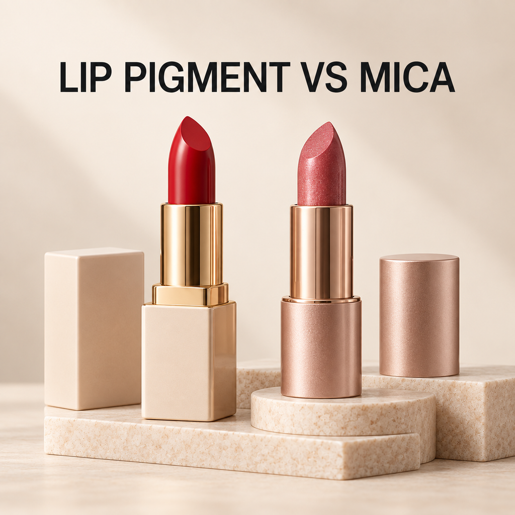 Lip pigment and mica lipstick shown side by side to compare colour and shine