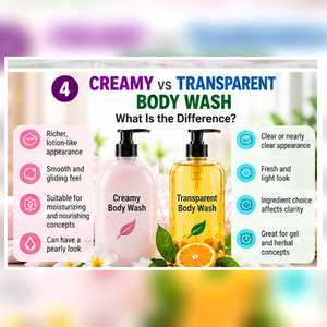 Creamy and transparent body wash bottles shown side by side