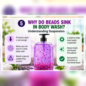 Body wash with suspended beads compared with beads settled at the bottom