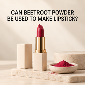 Lipstick displayed beside beetroot powder to illustrate beetroot use in lip products