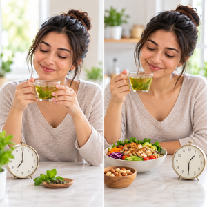 Slimming tea placed between breakfast and lunch as part of a daily wellness routine