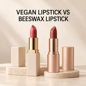 Vegan lipstick and beeswax lipstick shown side by side for comparison