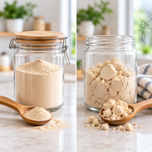 Comparison of a free-flowing dry wellness powder and a moisture-clumped powder