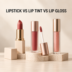 Lipstick, lip tint and lip gloss shown together to compare their colour and finish