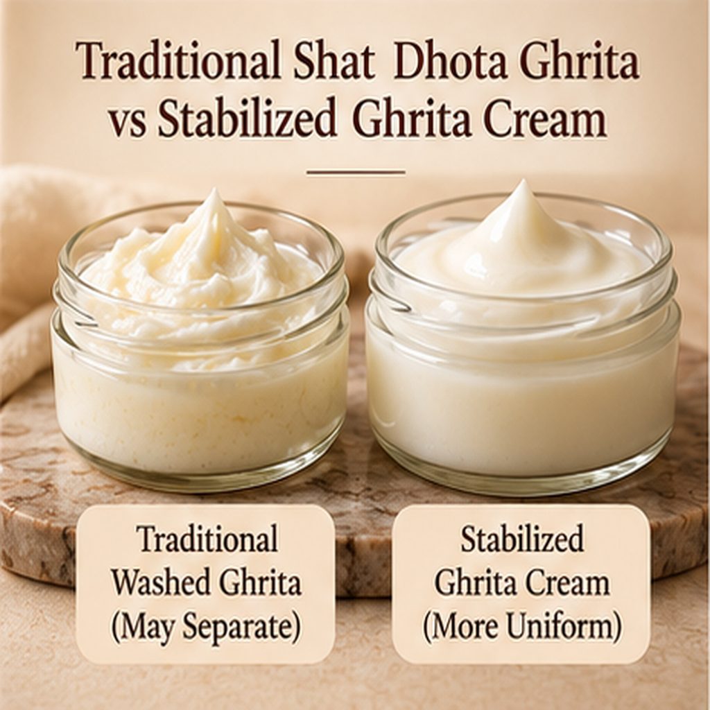 Traditional Shat Dhota Ghrita compared with stabilized ghrita cream showing texture and uniformity differences