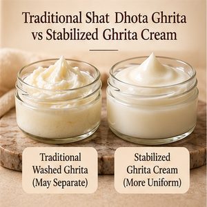 Traditional Shat Dhota Ghrita compared with stabilized ghrita cream showing texture and uniformity differences