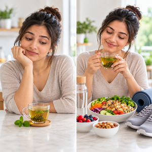 Slimming tea shown alongside healthy food and physical activity as part of a weight-management routine